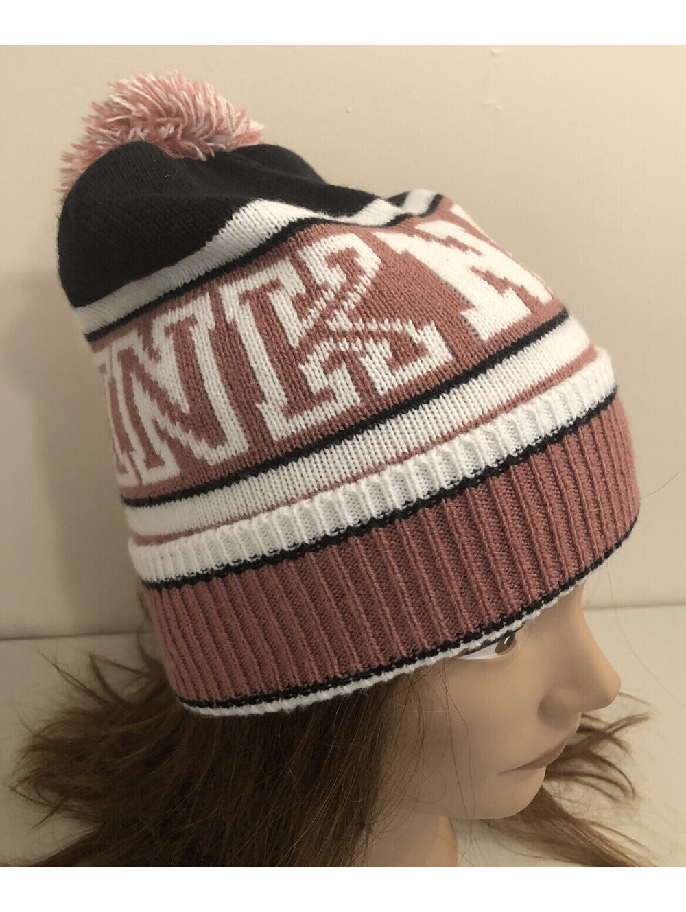 Victorias Secret PINK Nation Knit Hat Pom Pom Cuff Mauve Black Ivory New Warm